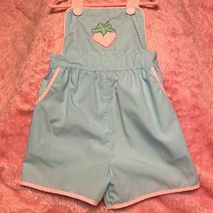 Blue and pink strawberry cotton overall shorts